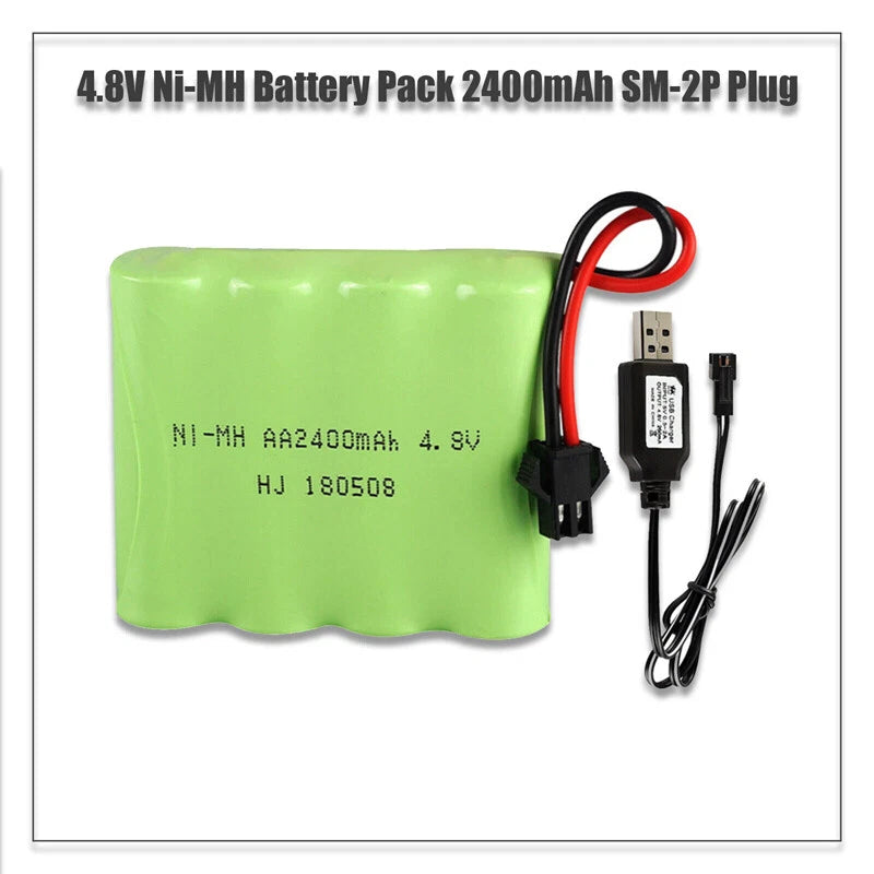 4.8V Ni-MH battery pack with USB charger, green pack and red/black lead wires