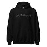 Black hoodie with front pocket and hood, featuring car outline graphic