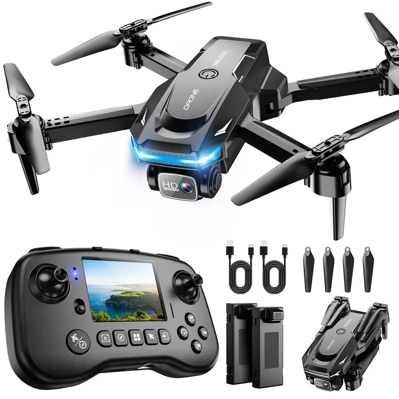 Black quadcopter drone with camera and controller with screen