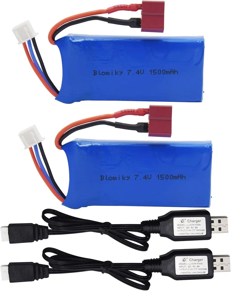 2 Pack 7.4V 1500mAh 40C Lipo 11.1Wh Rechargeable Battery T Plug and USB Cable Battery