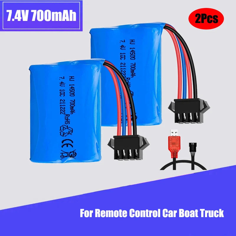 Pair of 7.4V 700mAh Li-ion RC battery packs with leads and USB cable