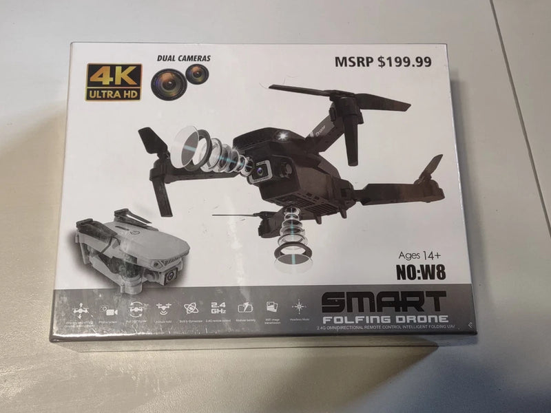 Smart folding drone box with 4K dual cameras and black quadcopter illustration