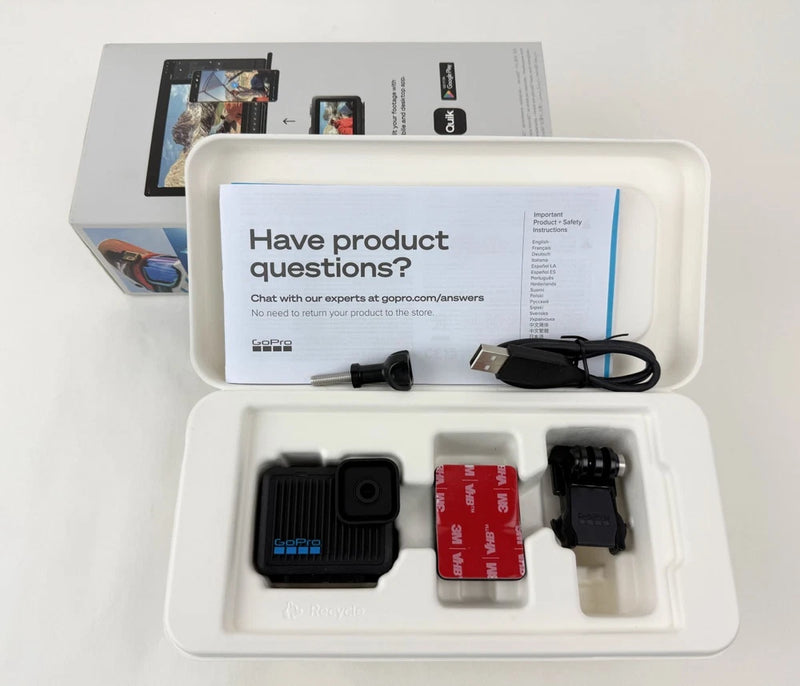 GoPro HERO action camera kit with black camera, waterproof case and mounts in box