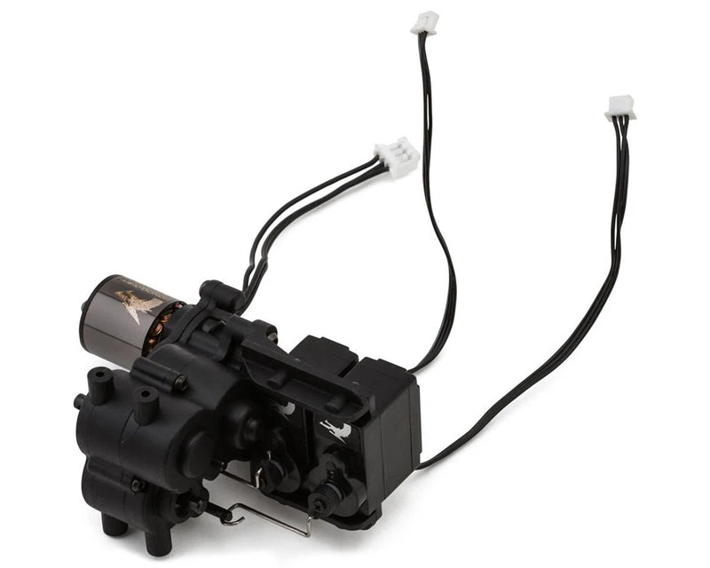 RC center transmission assembly with servos, black gearbox, and wiring harness with connectors