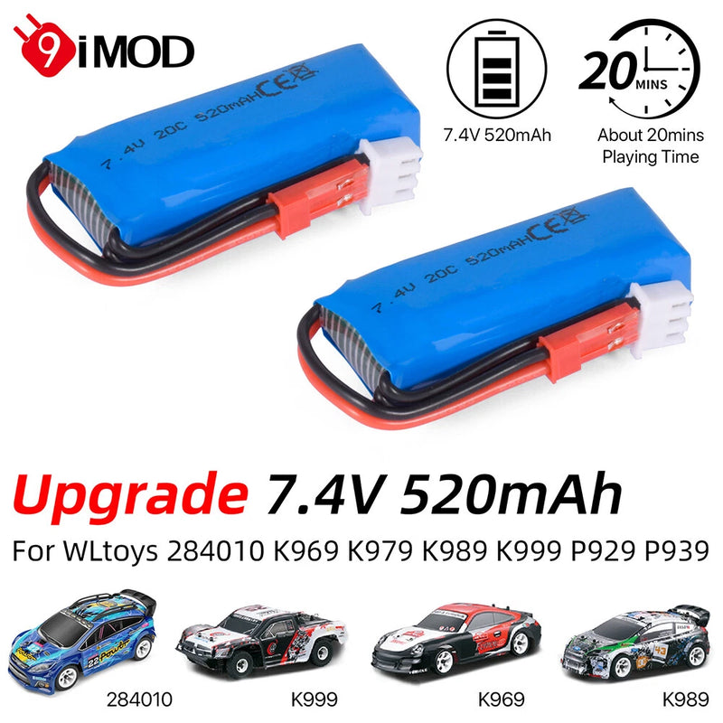 2Pcs WLtoys K969 Battery 7.4V 520mAh for K969 K979 K999 P929 P939 RC Car Parts