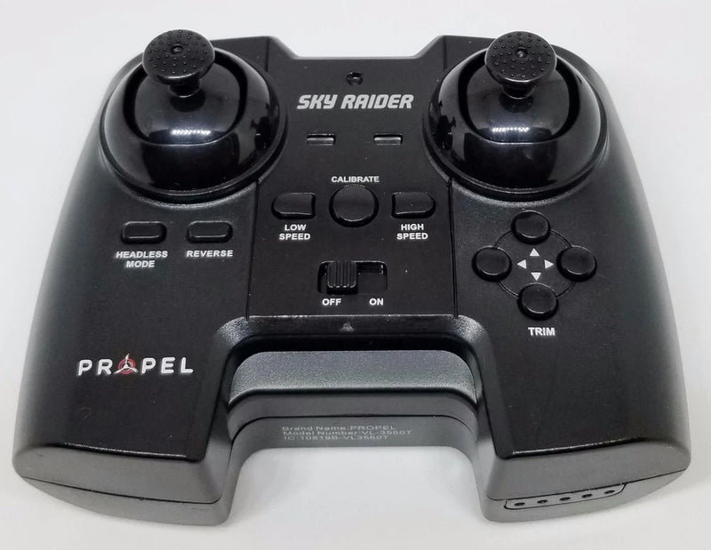Black drone remote controller with dual joysticks, buttons, and SKY RAIDER branding