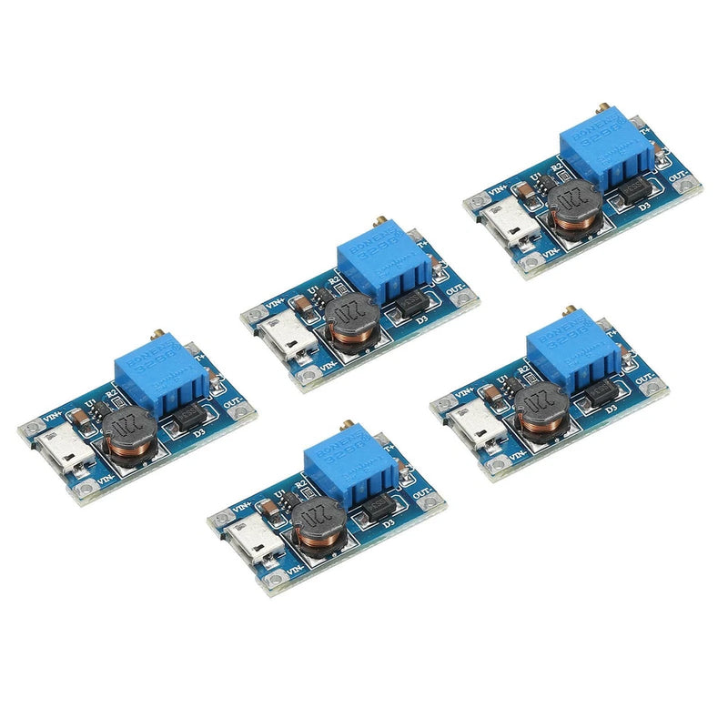 DC-DC boost converter modules with micro-USB inputs, blue terminal blocks, 5-pack
