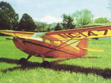 RC airplane model with yellow and red fuselage, propeller nose, and side view on grass