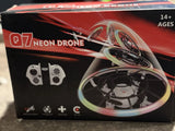 Neon mini drone toy box with illustrated quadcopter and remote controller