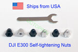 Self-tightening CNC aluminum nut set with wrench; assorted black and silver nuts