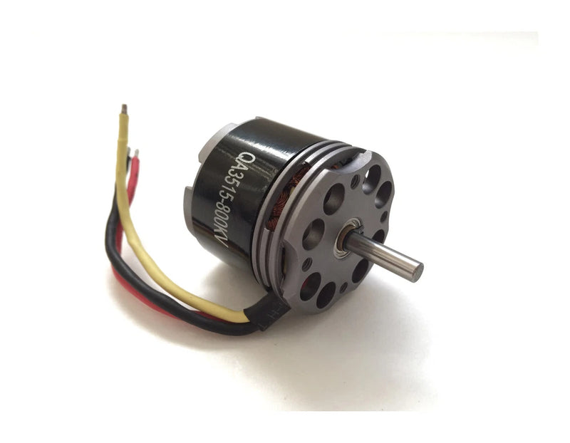 Brushless RC drone motor, cylindrical metal housing with shaft and colored wire leads