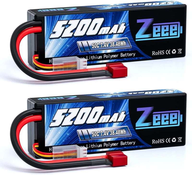 7.4V Lipo Battery 2S 50C 5200mAh Lipos Hard Case with T Connector for RC Car