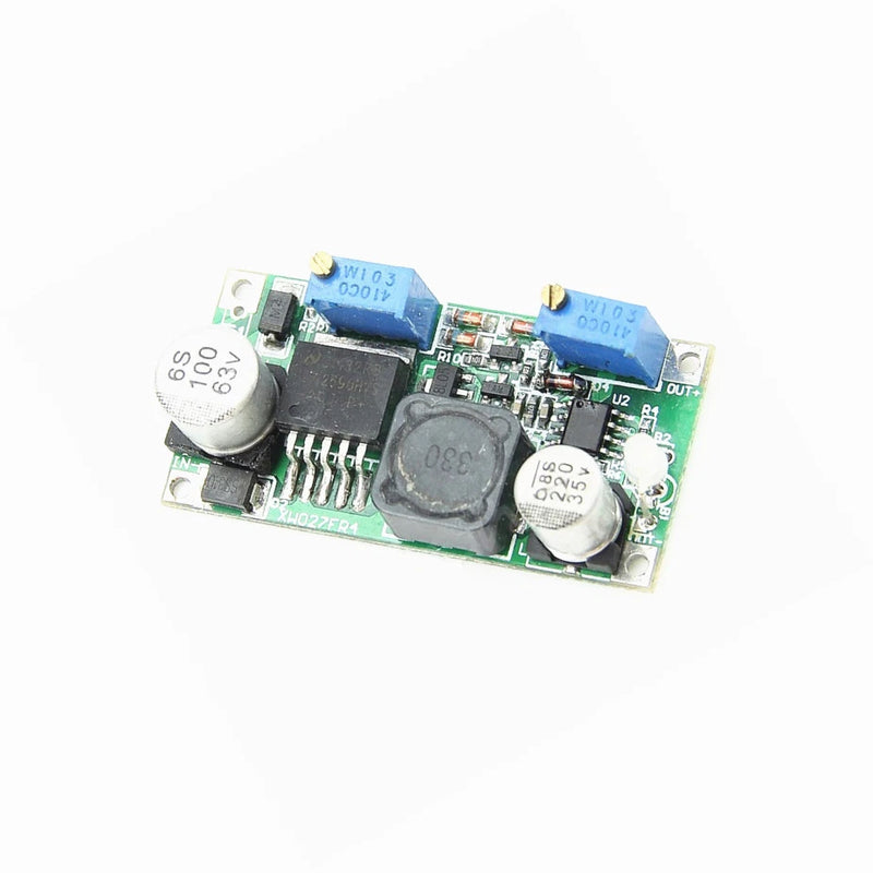 LM2596 buck converter step-down module PCB with capacitors and blue trim potentiometer