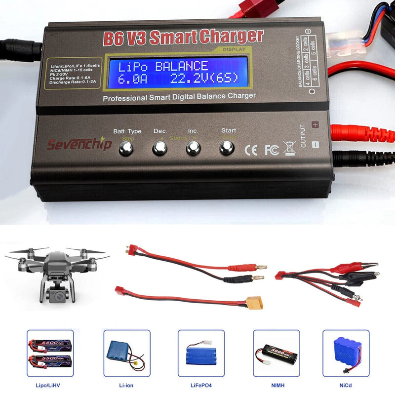 RC battery balance charger with LiPo balance display, buttons, and B6 V3 Smart Charger