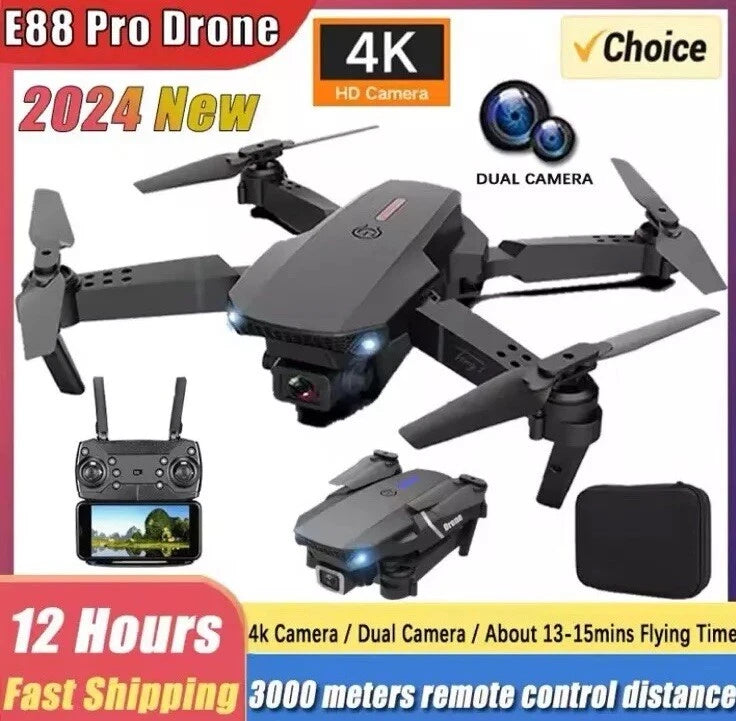 4K camera drone with dual cameras and remote controller, gray folding propellers