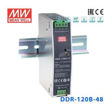 DIN-rail Mean Well DDR-120B-48 DC-DC converter with green screw terminals