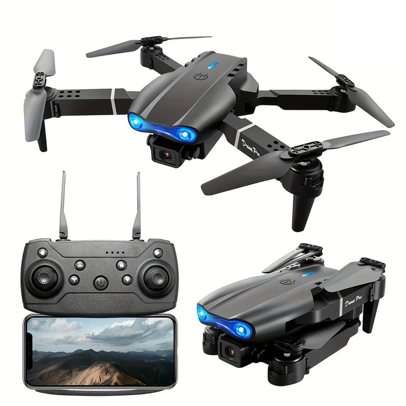 Foldable quadcopter drone with camera and remote controller, gray with blue lights