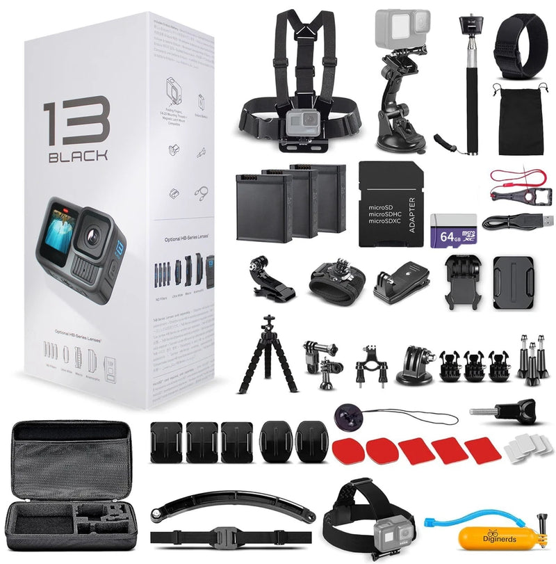 GoPro action camera kit with black camera, case, mounts, straps, and 64GB memory card