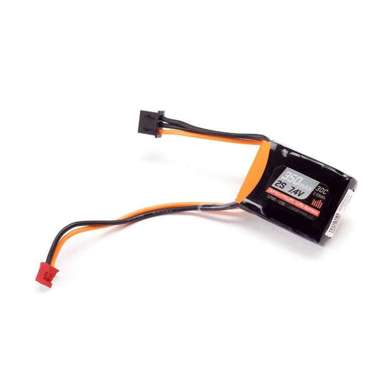 7.4V 350mAh 2S 30C LiPo battery with orange and black wire leads, red connector