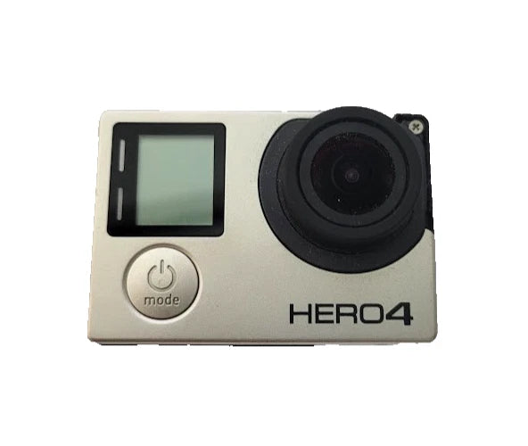 Silver action camera with black lens and front touchscreen, HERO4 branding