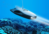 Underwater drone with streamlined blue and silver body, front camera window and lights