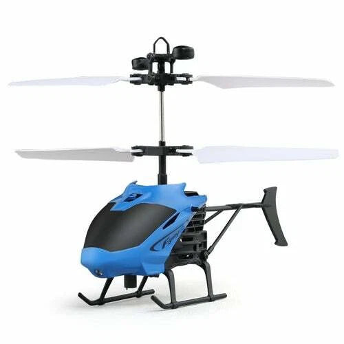 Blue and black mini RC helicopter drone with 2-blade rotor and landing skids