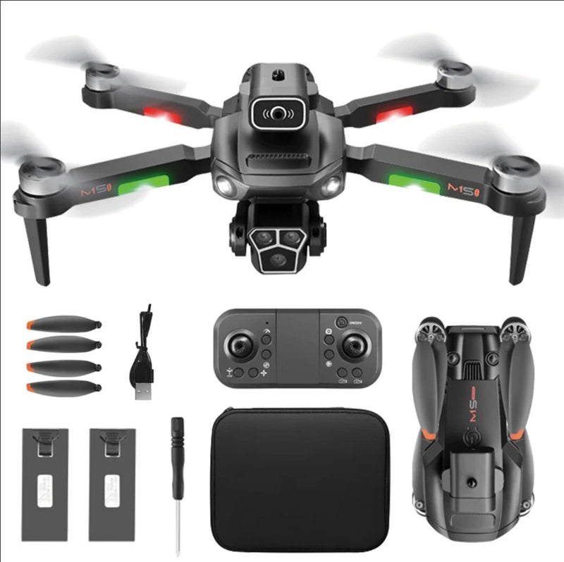 Gray quadcopter drone with remote controller, four propellers, two batteries, carry case