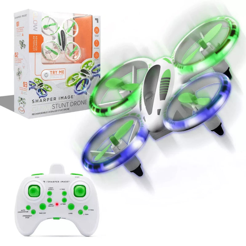 LED stunt RC drone with glowing green and blue propellers and white 2.4GHz controller