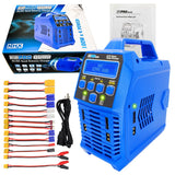 Blue AC/DC LiPo battery balance charger with LCD screen and control buttons, plus balance leads
