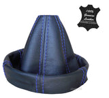 Blue leather manual gear shift boot with blue contrast stitching and padded rim