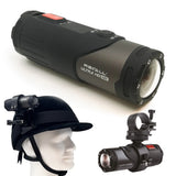 Black 4K action camera with wide-angle lens and helmet/handlebar mounts
