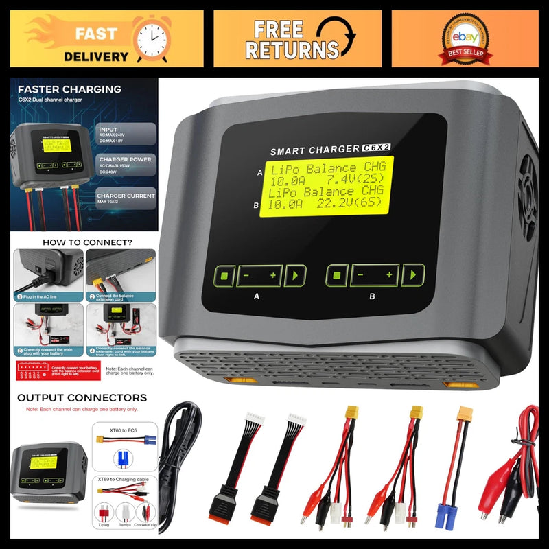Dual 10A LiPo Battery Charger - Fast Balance & Discharger for RC Cars, Drones Battery