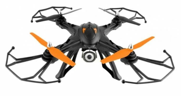 Vivitar Sky View drone with camera, black body and orange propellers