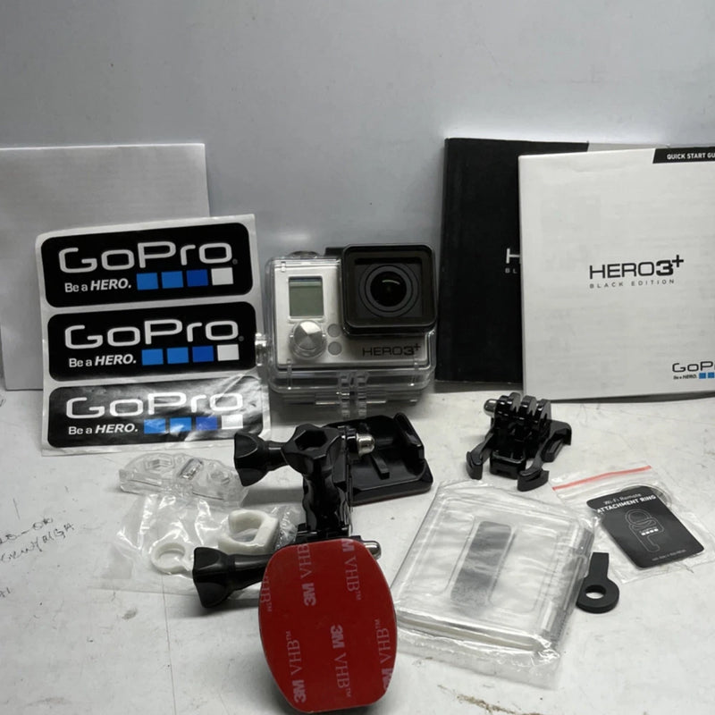 GoPro HERO3+ action camera kit with black camera, mounts, waterproof case and accessories