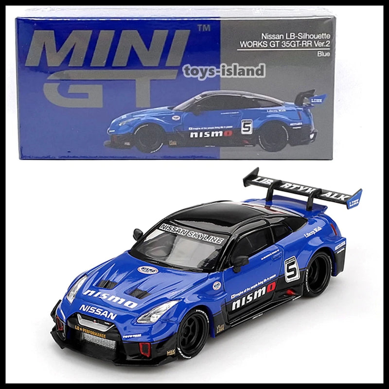 Race car model in blue and black with Nismo #5 decals and rear wing
