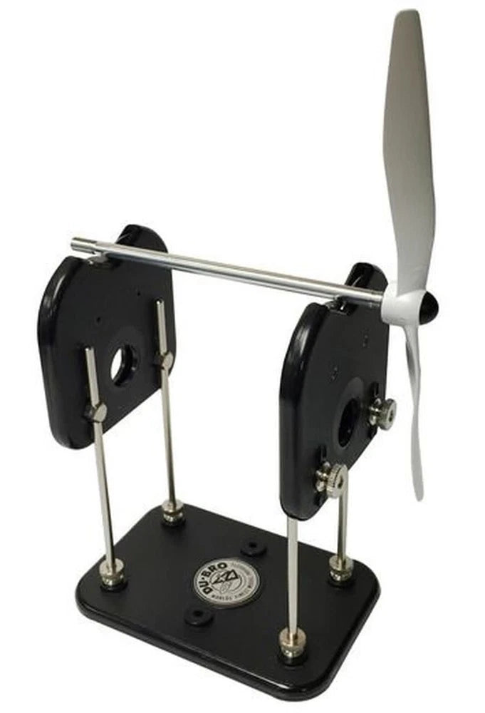 Drone prop balancer stand with black base, metal supports, and prop holder arms
