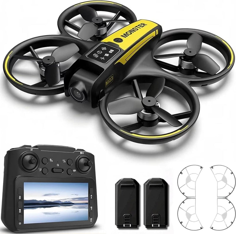 Kids RC drone with camera plus controller, extra batteries, propeller guards.
