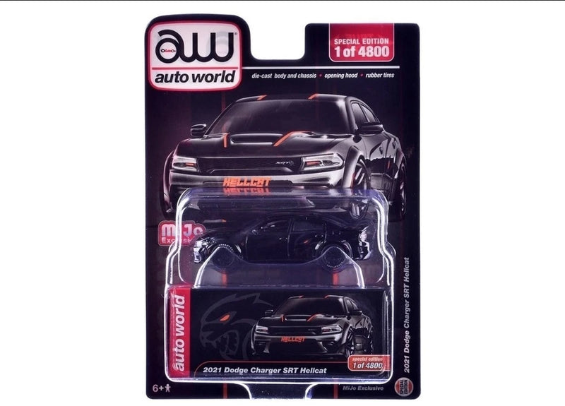 2021 DODGE CHARGER SRT HELLCAT BLACK 1/64 DIECAST MODEL BY AUTO WORLD CP8085