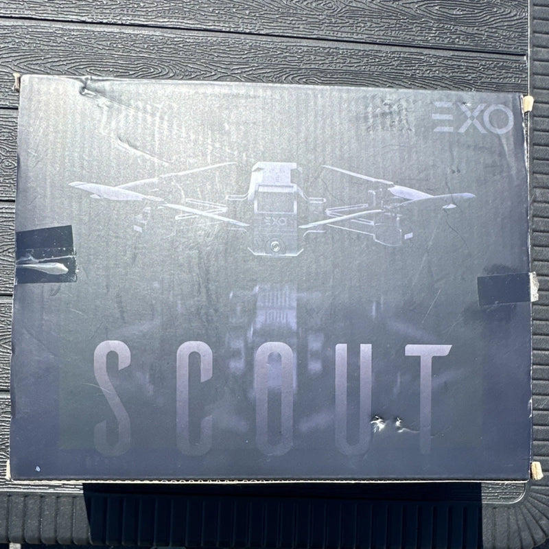 EXO Scout drone box with printed drone graphic and large 'SCOUT' text