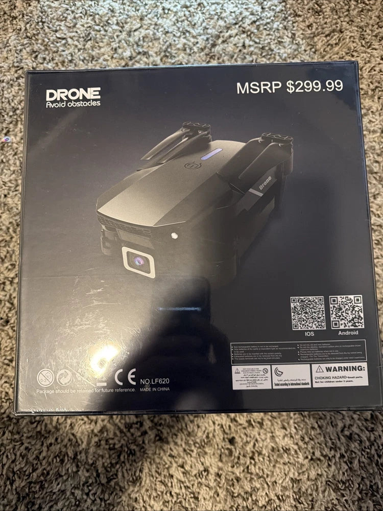 Drone in retail box with product label and specifications