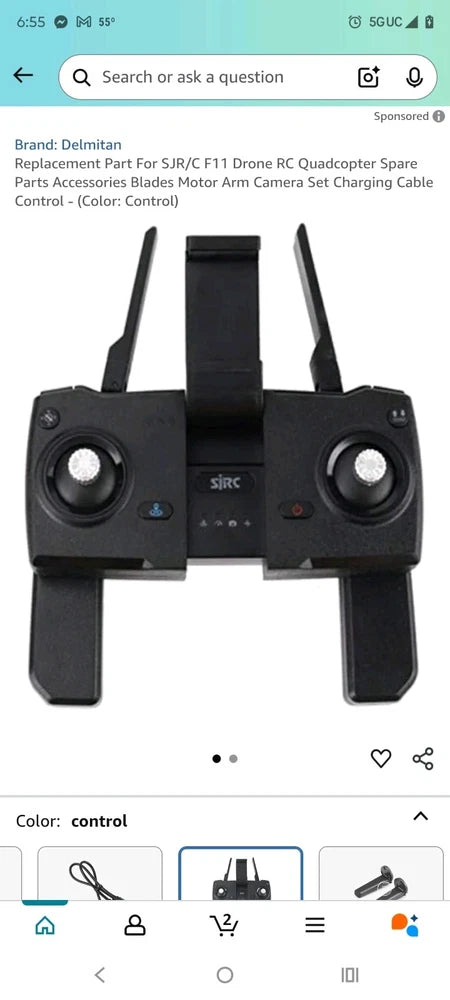 Black RC drone remote controller with two joysticks and center control buttons