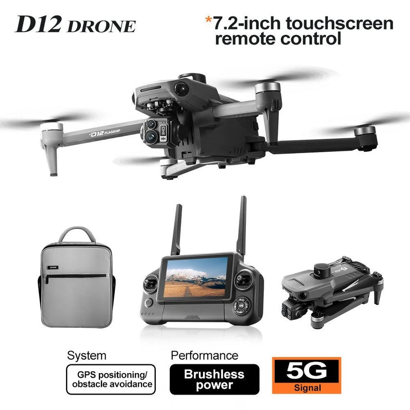 Foldable quadcopter drone with camera, controller with touch screen, and 5G module