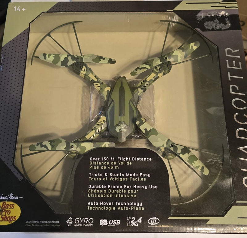 Camouflage quadcopter drone in retail box with window packaging