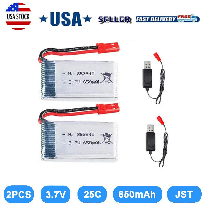 2Pcs 3.7V 650mAh Lipo Battery JST Connector + USB Charger for Mini Orion Drone