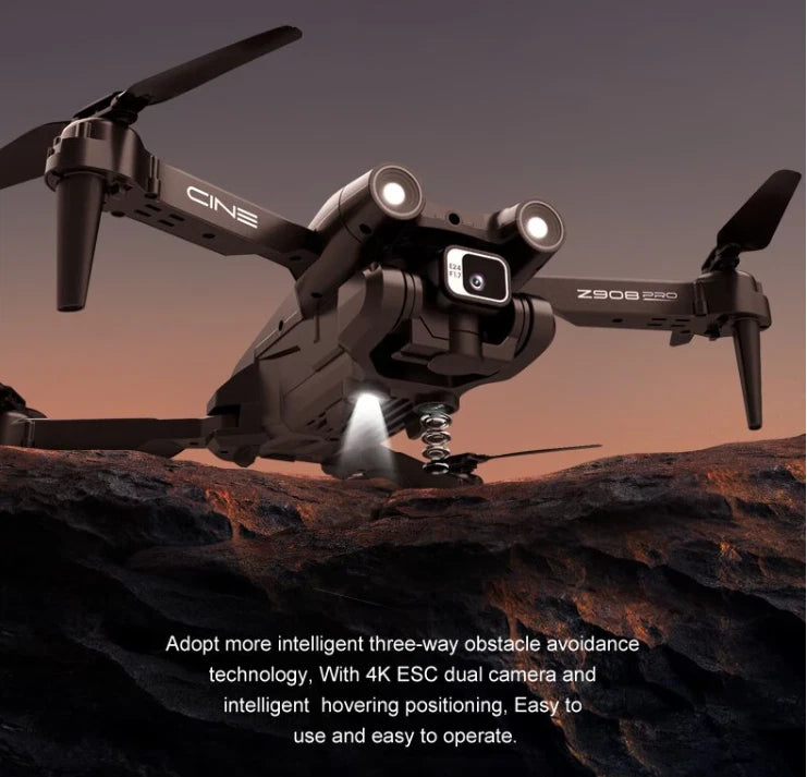 Black mini drone with two front lights and a mounted camera module