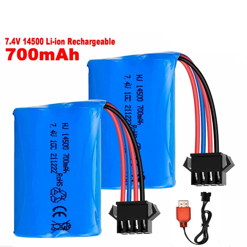 7.4V 700mAh 14500 Li-ion Battery SM-4P Plug + USB Charger for RC Car Boat Truck