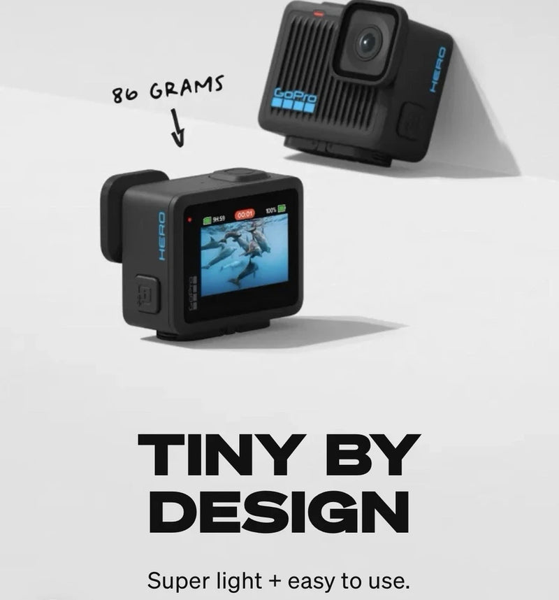 Black GoPro tiny action camera with front lens and rear LCD screen