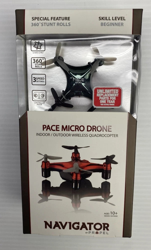 Black micro quadcopter drone with four propellers, shown in retail box packaging