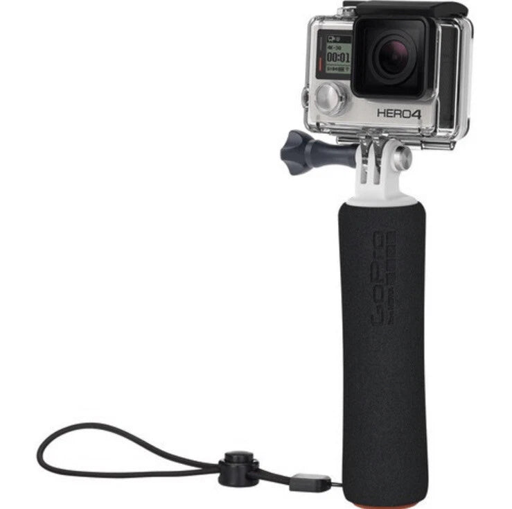 GoPro HERO4 action camera in clear waterproof case on black hand grip with mounting base