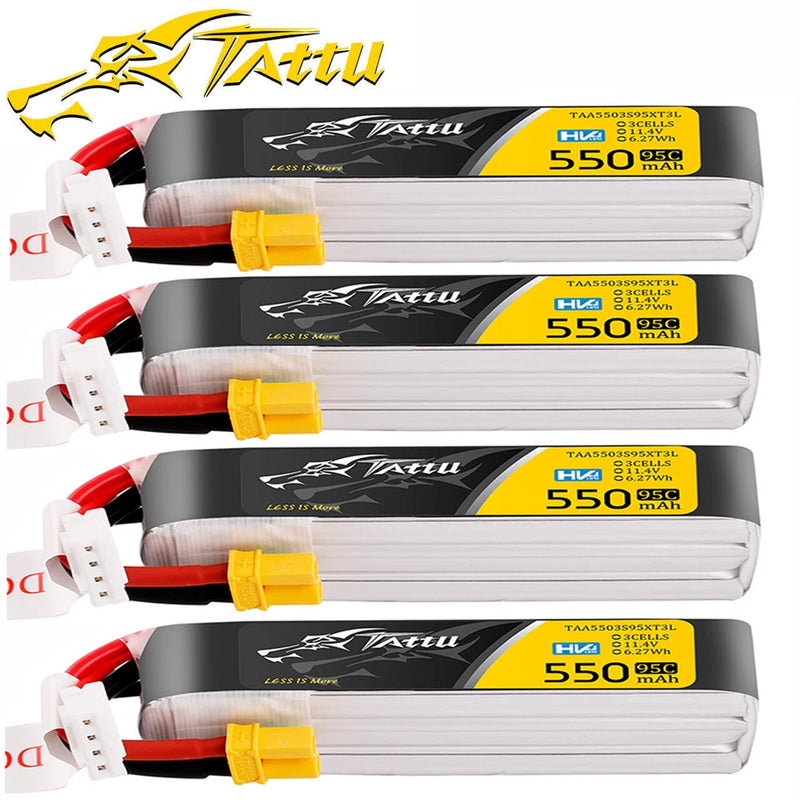 4PC Tattu 550mAh 95C 11.4V 3S Lipo Battery HV Long XT30 Plug For FPV Racing Quad Battery